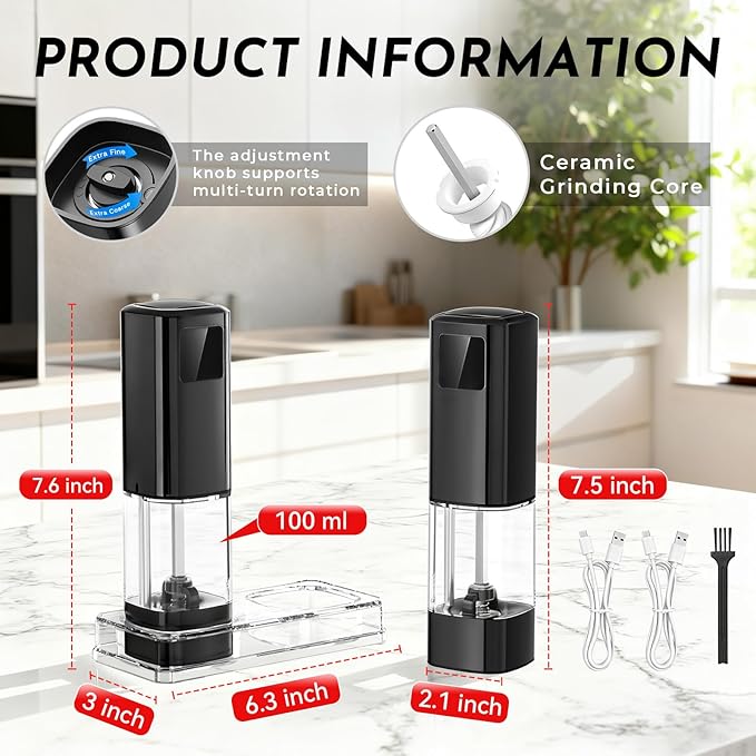 Upgraded Larger Capacity Electric Salt and Pepper Grinder Set Rechargeable