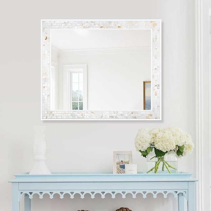 Tanmicoshomy 30 x 36 Inch White Rectangle Wall Mirror, Natural Shell Framed