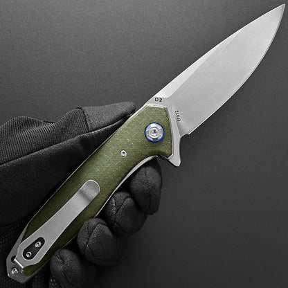 Eafengrow EF972 Folding Knife, D2 Steel Blade Micarta Handle Pocket Knife Folder for Outdoor Camping Hiking Working EDC Tool Knife(army green)