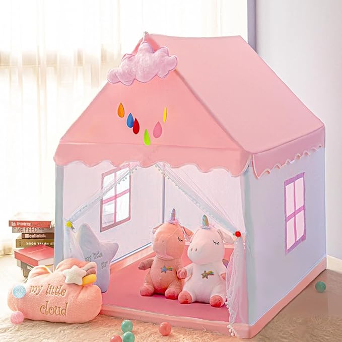 Kids Tent Play Tents for Toddler Children Indoor and Outdoor Large Pink Girls Princess Playhouse Castle with Windows Clouds and Flags Kids Room Furniture 40" L × 48" W × 52" H