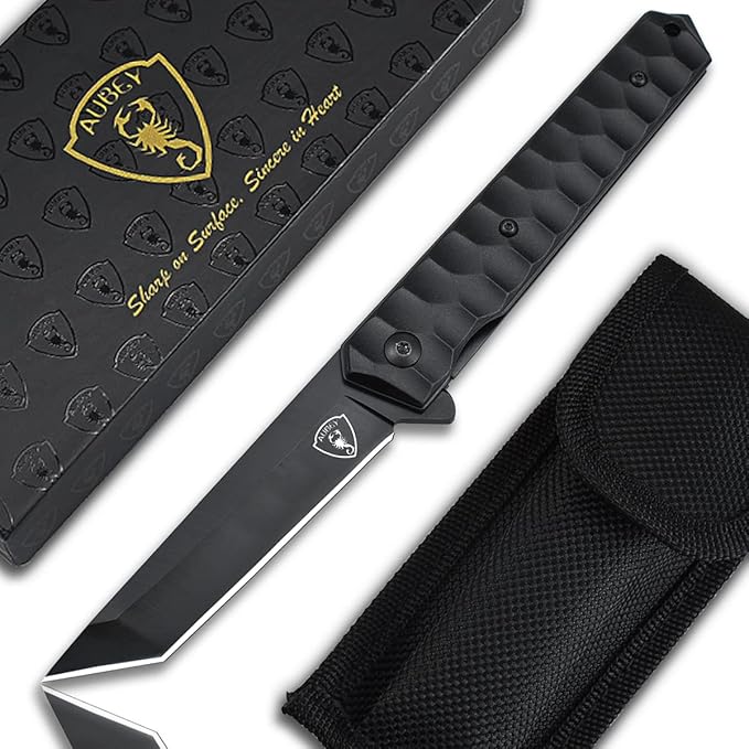AUBEY Tanto Blade EDC Knife, 440 Steel Pocket Folding Knife with Liner Lock, Clip, Aluminum Handle and Glass Breaker, Nice Gift for Men Women (Black)