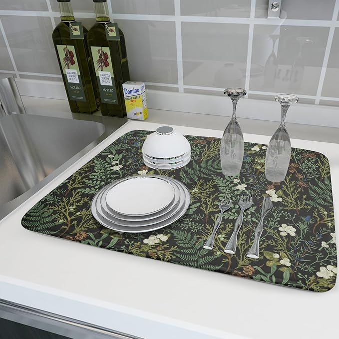 Green Plants Dish Drying Mat for Kitchen Counter Microfiber Absorbent Dish