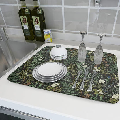 Green Plants Dish Drying Mat for Kitchen Counter Microfiber Absorbent Dish