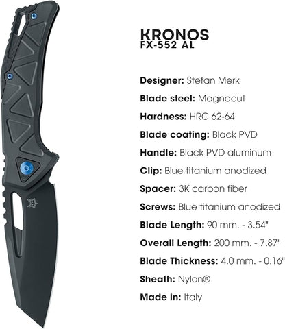 Fox Knives Chronos FX-552 AL Premium Folding Knife 3.54in CPM MagnaCut Steel Blade, Reverse Tanto, Frame Lock, Tip-up Carry, EDC Pocket Knife, Made in Italy (Black PVD Aluminum)