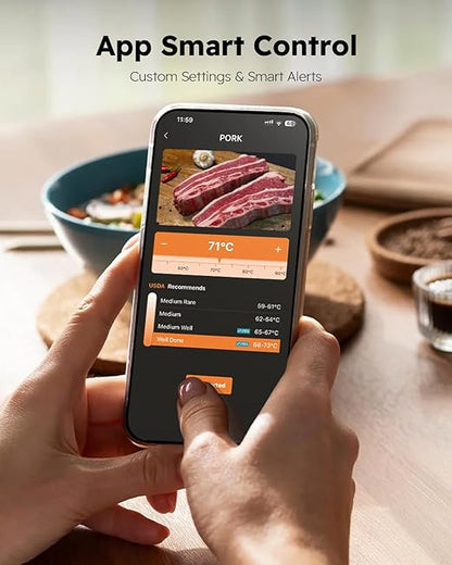 Wireless Meat Thermometer with App Control, 600FT Bluetooth Range, Dual Probes & 6 Sensors, 0.5S Instant Read, LCD Display, IP67 Waterproof Real-Time Monitoring & Smart Alerts for BBQ, Grill, Oven