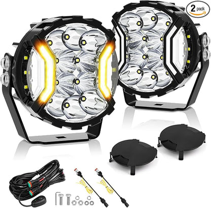 MICTUNING 5" Side Shooter Light Bar, 5Inch 180W Round Offroad Lights LED Pods 24163LM, Amber DRL & Spotlight Dual Color 270° Wider Off Road Lighting with Protective Covers, Pair