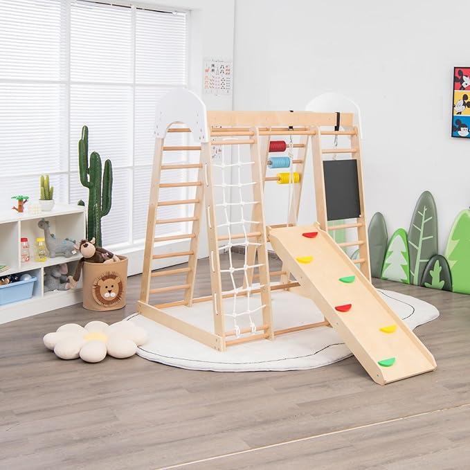 Costzon Indoor Jungle Gym, 8-in-1 Montessori Beech Wood Climbing Toys for Toddlers w/Double-Sided Slide, Climbing Rock/Net, Indoor Playground Climber Playset for Kids 3+ Years Birthday