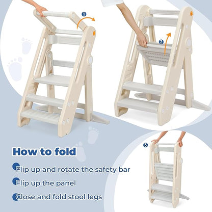 Onasti Toddler Tower Kitchen Stool Helper, Foldable & Adjustable Height Kids Learning Stool for Kitchen Counter Bathroom Sink, Child Ladder for Toddlers with Handles, Safty Rail, Non-Slip Pads-Grey