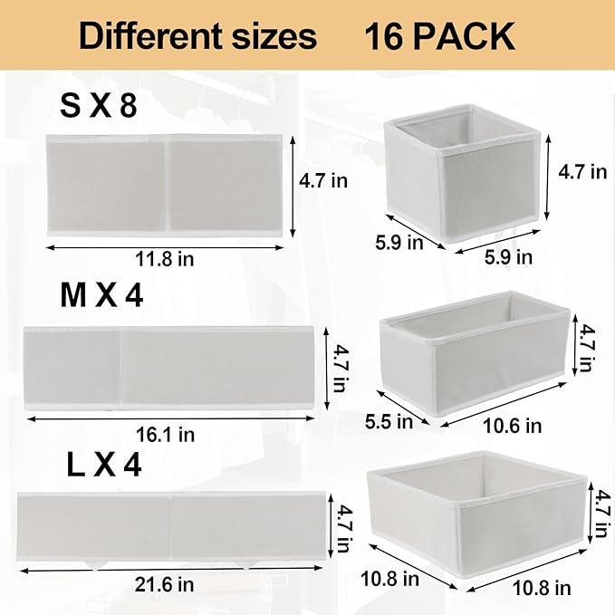 Fordonral 16 Pack Drawer Organizer Clothes, Foldable Fabric Dresser Organizer