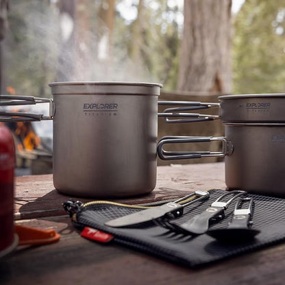 Explorer Bear Titanium Stackable Camping Cooking Pot Mess Kit Set