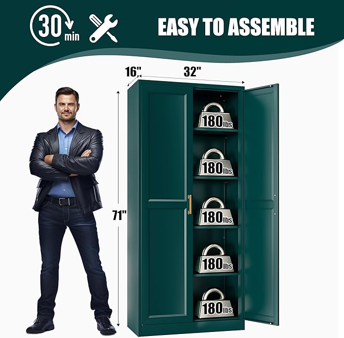 71" Tall Metal Storage Cabinet, Kitchen Pantry Storage Cabinets with Doors and 4 Shelves, Food Pantry Cabinet, Large Cupboard, Utility Steel Cabinets for Dining, Kitchen, Living Room, Green