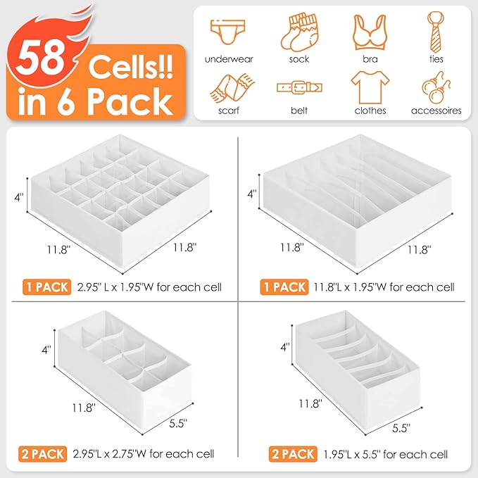 6 Pack Sock Underwear Drawer Organizer Dividers, 58 Cell Foldable Fabric