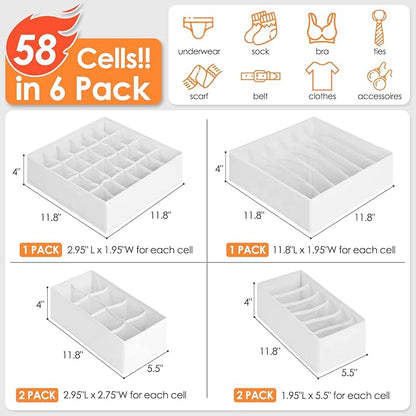 6 Pack Sock Underwear Drawer Organizer Dividers, 58 Cell Foldable Fabric