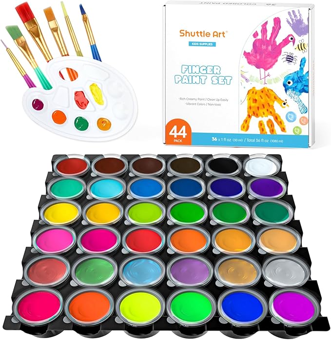 Shuttle Art Washable Finger Paint, 44 Pack Kids Paint Set with 36 Colors Toddler Paints(30ml, 1oz) for Toddlers, Paint Brushes, Finger Paint Paper Pad, Palette, Non Toxic Paint for Kids Art & Craft