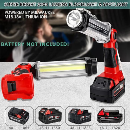Cordless LED Work Light Compatible with Milwaukee 18v Battery, Hiesuan 35W 2000LM Outdoor Flashlight Portable Camping Lanterns with Hook, 90°Rotatable for Car Repairing, Job Site Lighting, Emergency