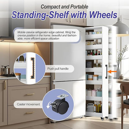 7-Tier Slim Storage Cart, Wooden Rolling Pantry Cabinet with Wheels, Narrow Shelf Organizer for Kitchen, Bakers Rack, Dining Room, Closet, Small Spaces Warm White 73.2" H*7.8" W*23.6" D