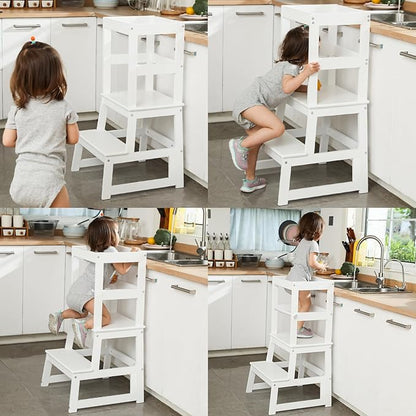 Kids Kitchen Step Stool with Safety Rail,Wooden Toddler Standing Tower for Kitchen Counter, Kids Montessori Stool, Solid Wood Construction,White