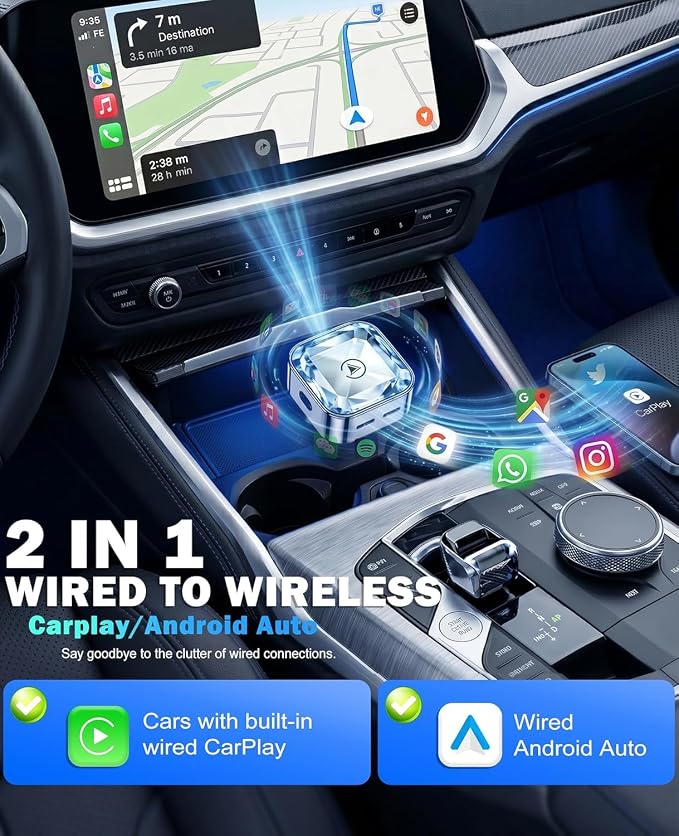 2 in 1 Wireless CarPlay and Android Auto Adapter for Mercedes-Benz GLB‑Class 2020 2021 2022 2023 2024, Mini CarPlay Dongle Converts Wired to Wireless, Fast Auto-Connect