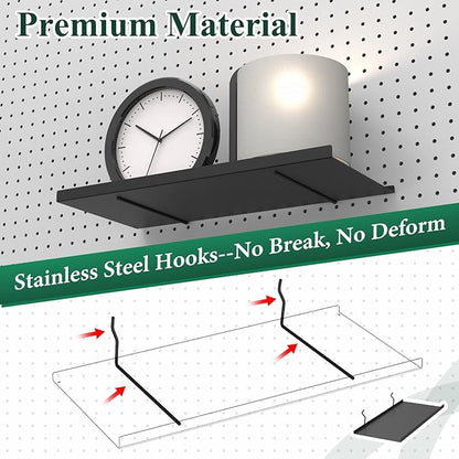 PEKGRIL 17X8 Inch Large Pegboard Shelves Set of 4, Metal Peg Board Shelves Accessories, Flat Display Shelves for Pegboard, Metal Retail Display for Storage and Organization, Black