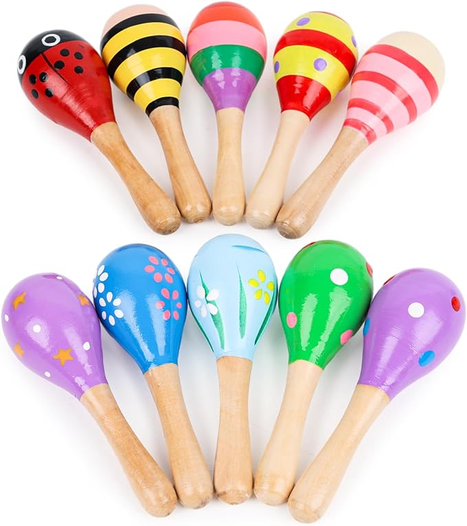 POPLAY 10PCS Mini Wooden Maracas, Maracas for Toddler Musical Instruments Wooden Shakers Baby Musical Toys Infant Learning Toys