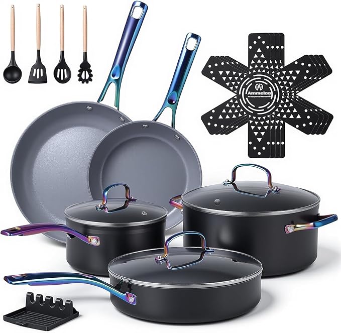 Ammeloo 17 Pcs Ceramic Cookware Set, Induction Pots and Pans Set Non Stick