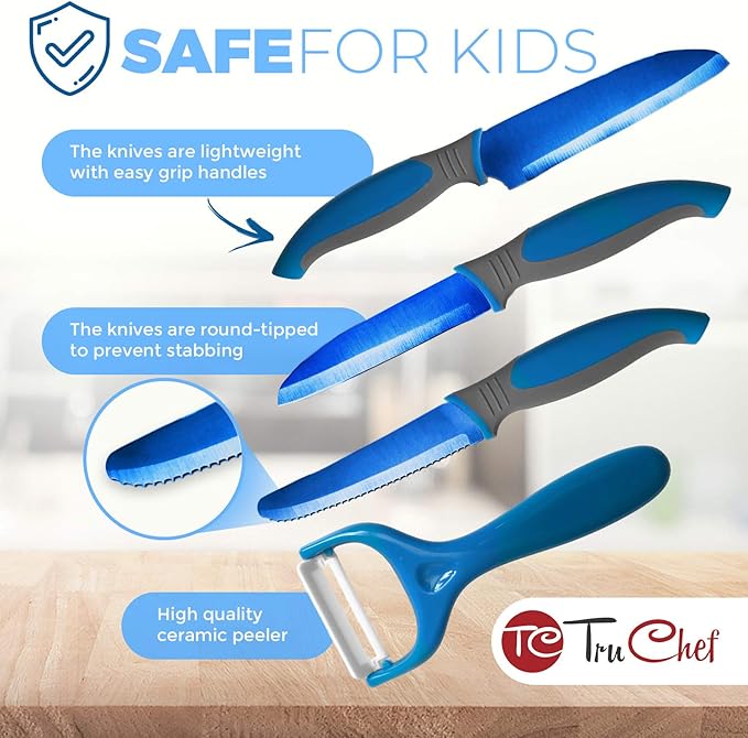 5-Piece Kids Knife Set | Real Stainless Steel Cooking Knives with Peeler, Serrated Blade & Storage Stand | Safe, Easy-Grip Design – Fun Junior Chef Set for Boys & Girls (5 pcs, Blue)