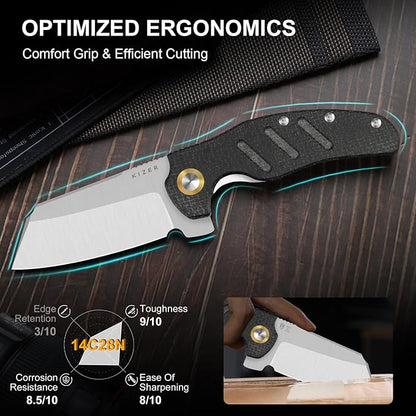 Kizer C01C XL Sheepdog Pocket Knife, 3.9" 14C28N Sheepsfoot Blade EDC Folding Knife with Black Burlap Norplex UltreX??Micarta Handle, Liner Lock, Flipper, Camping Knives for Men Women, V5488M2