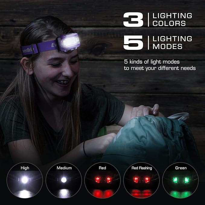 EverBrite Headlamp, 2 Pack Kids Headlamp with Red Light and Memory Function, Head Lamp for Adults and Kids with 5 Modes, Bright Headlamps for Camping, Running, Batteries Included