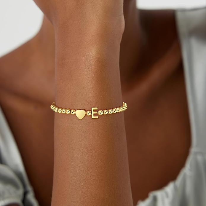 Gold Initial Bracelets for Women Girls - 18K Gold Plated A-Z Heart Initial Bracelet Dainty Beaded Bracelet Gold Bracelets for Women Teen Girl Gifts Trendy Stuff