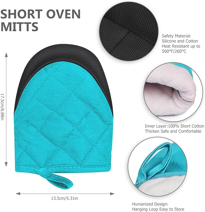 Short Oven Mitts, Heat Resistant 500°F, Silicone Grip Kitchen Gloves, Non-Slip