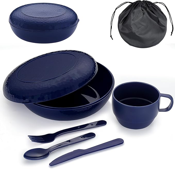 Evanda Camping Mess Kit with Bowl, Plate, Cup, Spoon, Fork, Knife and Carry Bag, Reusable Camping Accessories Essentials Gear Light Weight and Small Space Easy to Carry or Put in Backpack