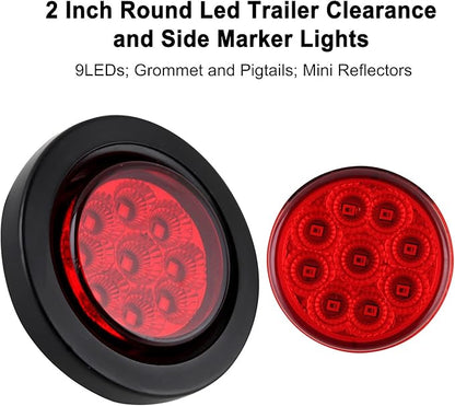 10Pcs 2 Inch Round Red LED Marker Lights 9 LED w/Reflectors, Multi Faceted 2 Inch Led Side Marker Clearance Lights Trailer Marker Lights Flush Mount w/Grommets and 2 Prong Pigtails