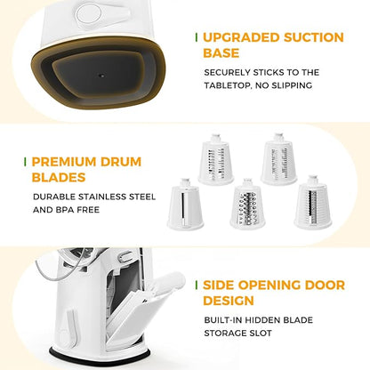 7 IN 1 Upgraded Rotary Cheese Grater with Handle – Vegetable Shredder with Built-in Storage Blade Slot, 5 Versatile Blades, Strong Suction Base Round Mandoline Slicer, Food Chopper for Kitchen