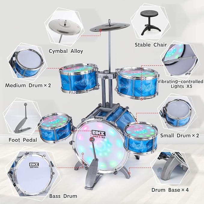 Kids Drum Set for Toddlers with 5 Jazz Drum Kit & Lights (Vibrating-Controlled) & Alloy, Musical Instruments Toys, Boys Gifts for Aged 1-3 3-5
