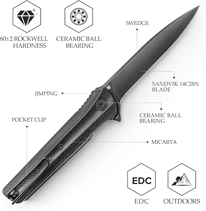 EDC Pocket Knife for Men,Folding Knives with Reversible Clip,Liner Lock 3.4'' Black PVD 14C28N Steel Blade,Micarta Handle,Seagull-B