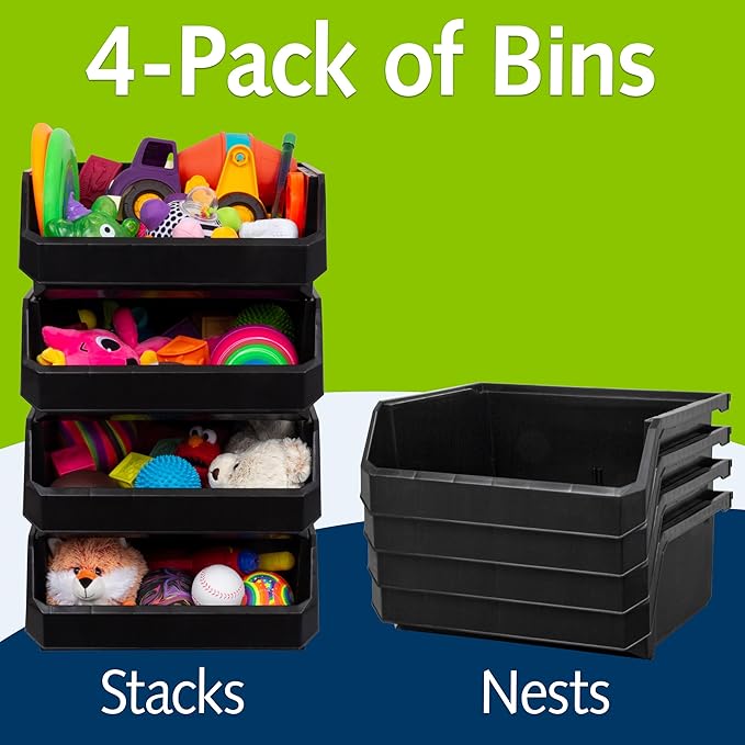 Plastic Containers for Organizing and Storage Bins for Closet, Kitchen, Office, Garage or Pantry Organization, Stackable Bins, Extra Large (14.8" x 16.5" x 7"), 4-Pack, Black