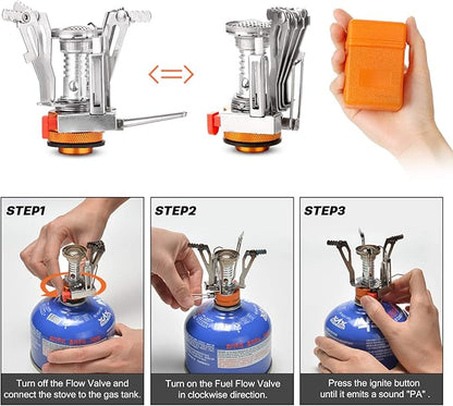 Odoland 16pcs Camping Cookware Set with Folding Camping Stove, Non-Stick Lightweight Pot Pan Kettle Set with Stainless Steel Cups Plates Forks Knives Spoons for Camping Backpacking Outdoor Picnic