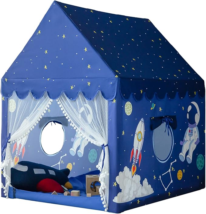 Kids Play Tent Playhouse Indoor Tent for Kids Boys Toddler, Large Castle Play House Bed Tents Spaceship Outer Space Rocket Blue