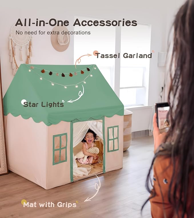 Play Tent with Mat, Star Light Large Kids Playhouse with Windows Easy to Wash, Indoor and Outdoor Play Tents for Kids, Little Dove Toys for Girls, Boys, 47x40x52 (Green Playhouse, Large Size)