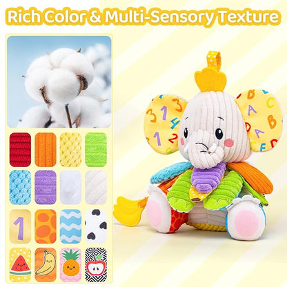Baby Toys 3-6 Months, Musical Stuffed Elephant Toddler Toy for Newborn Infant 3 6 9 12 Months, Tummy Time Toys Montessori Sensory Toys 0-6 6-12 Months, Crinkle Paper, Mirror Soothing Music Shower Gift