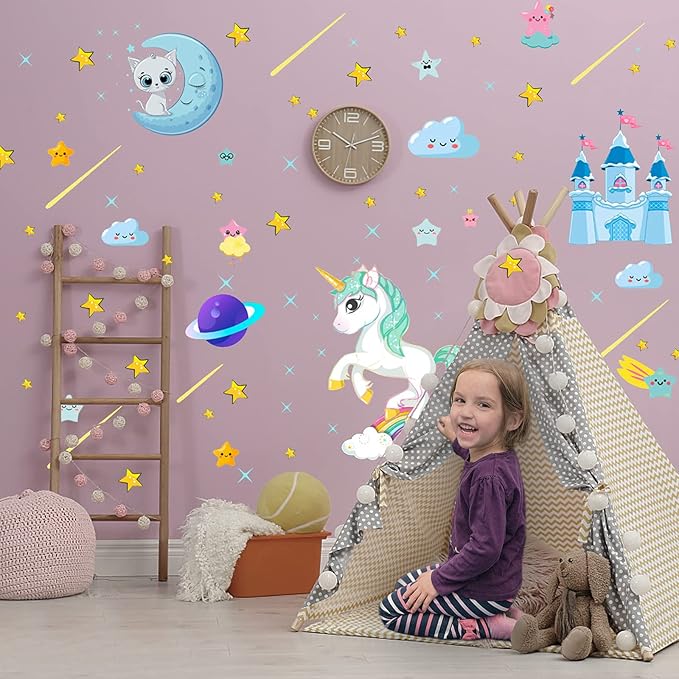 Glow in The Dark Unicorn Stickers, 206 pcs Cats and Moon Wall Decals, Glowing Castle Clouds Ceiling Decor for Kids Bedroom, Stars and Rainbow Wall Decor for Girls and Boys Gift