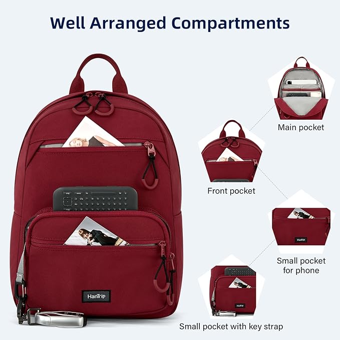 Carry On Travel Backpack For Men Women, 13 Inch Small Mini Work Bag Personal Item Backpacks, Camping Back Pack Lightweight Hiking Daypack For Office Nurse Commuter (Burgundy)