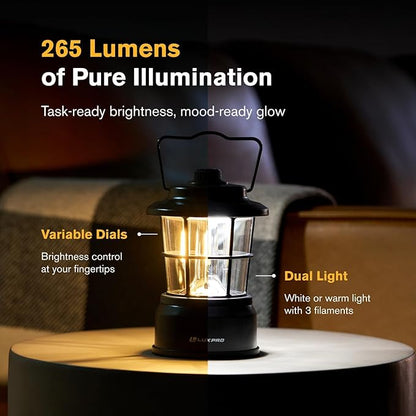 LUXPRO Retro LED Lantern - Battery-Powered Emergency Lantern - Water Resistant - Bright LED Lamp for Indoor & Outdoor Use - Use for Tents, Hiking or Hurricane Prep (Blac, Pack of 2)