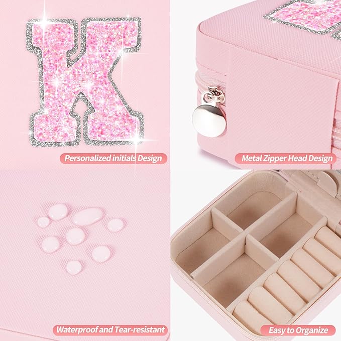 Travel Jewelry Case - Personalized Jewelry Box for Women,Small Jewelry Organizer Cute Jewelry Organizers and Storage Aesthetic,Travel Essentials Birthday Gifts for Girls Women | Pink,K