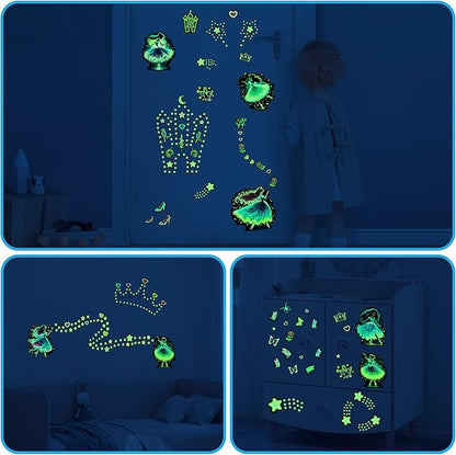Glow in The Dark Princess and Star Wall Decals, Neon Butterflies Stickers for Girls Room, Luminous Stars Ceiling Decor for Bedroom Playroom Nursery
