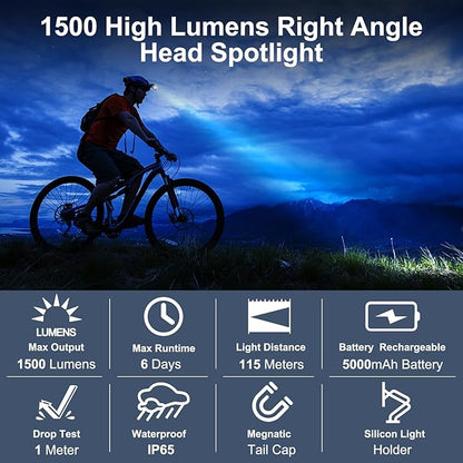 Headlamp Flashlight Rechargeable - 1500 Lumens Right Angle Headband LED Headlight, Waterproof Head Flashlight for Adults Outdoor, Camping, Hiking, Fishing, Emergency, Magnetic，USB C