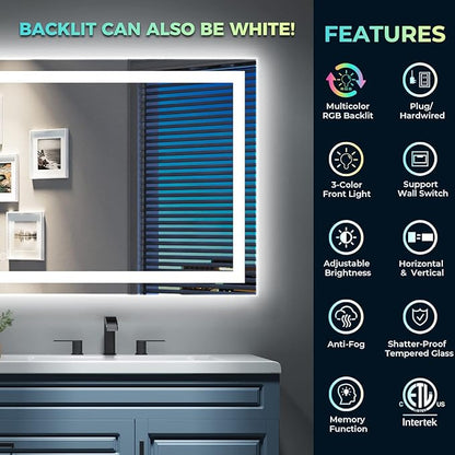 YEELAIT 60x36 Inch RGB LED Bathroom Mirror Front Light and RGB Backlit Lighted