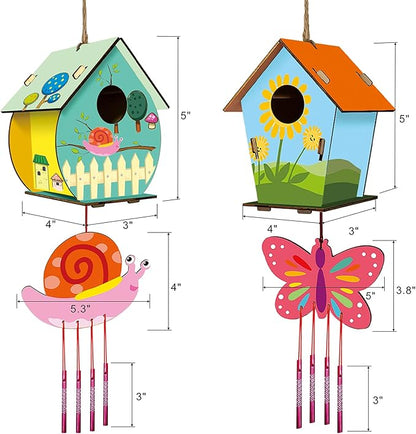 4 Pack DIY Bird House Wind Chime Kits for Children to Build and Paint, Wooden Arts and Crafts for Kids Girls Boys Toddlers Ages 8-12 4-6 6-8