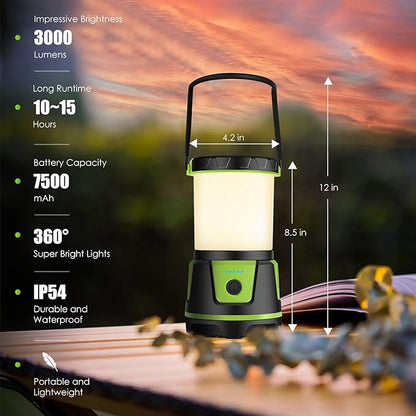 Rechargeable Camping Lantern 3000 Lumens ??LED Flashlight with 5 Modes, IP54 Waterproof, 7500mAh Battery, Portable Bright Light for Power Outages, Emergencies, Hurricanes & Hiking