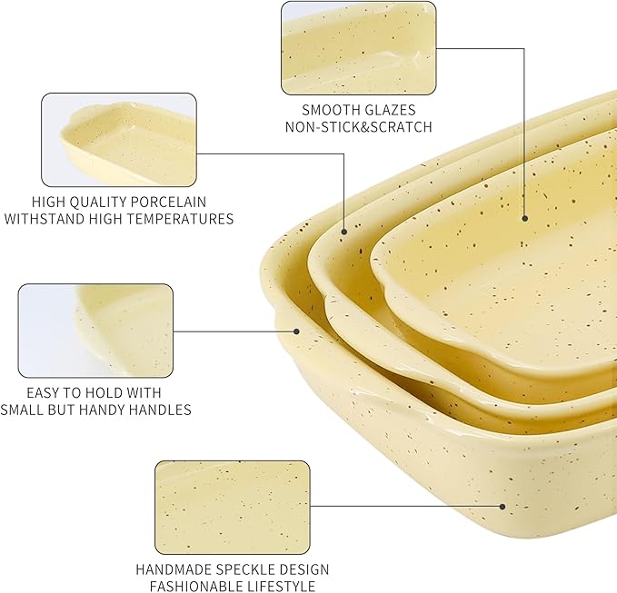 Casserole Dish Set of 3, Lasagna Pan, Ceramic Bakeware